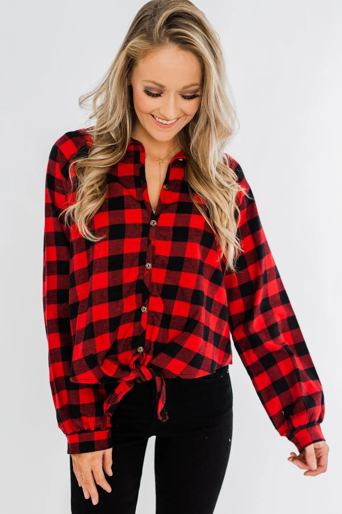 Takes Me Back Front Tie Plaid Top- Buffalo Plaid