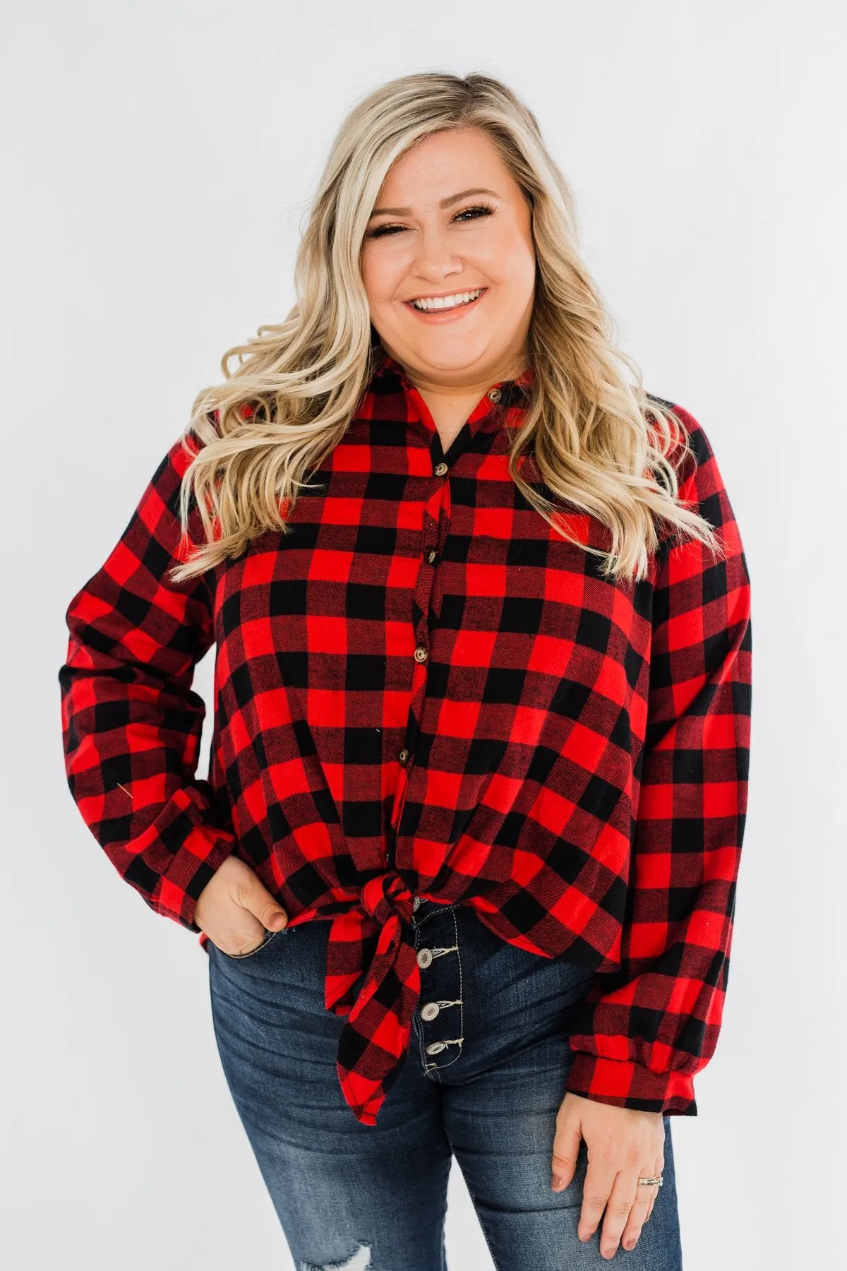 Takes Me Back Front Tie Plaid Top- Buffalo Plaid