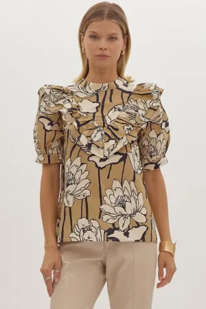 Taupe Floral Mock Neck Top