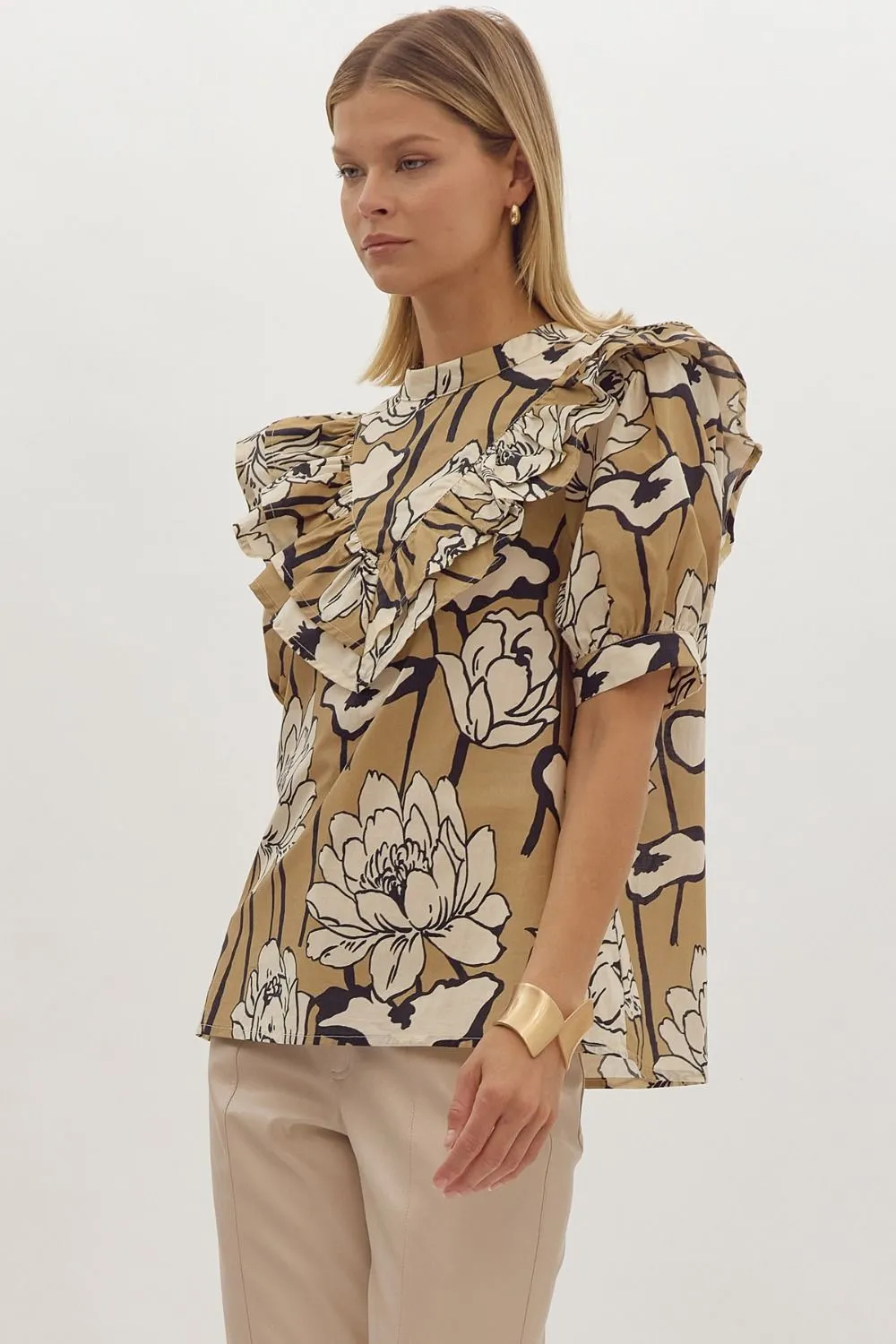 Taupe Floral Mock Neck Top