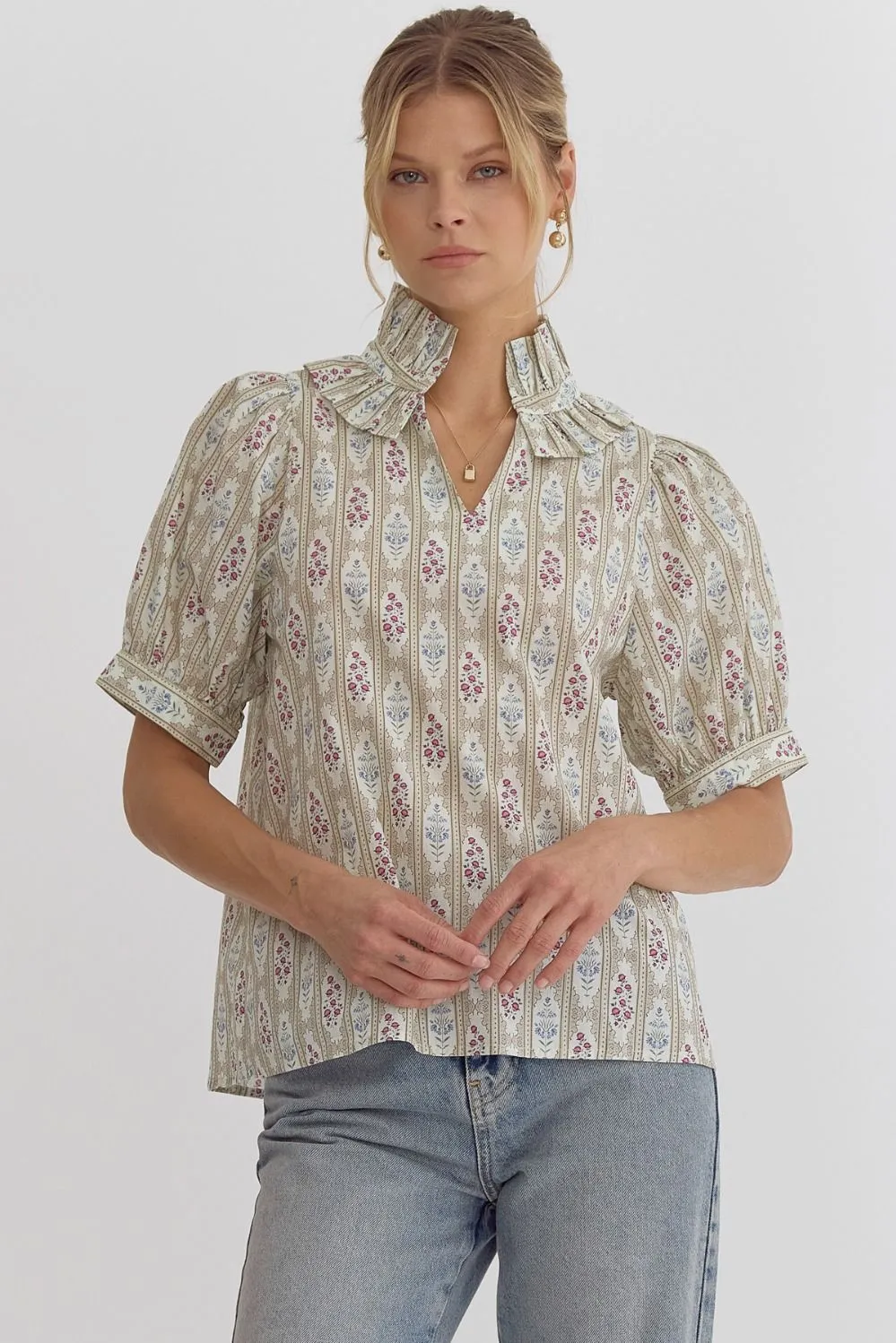 Taupe Ruffle Collar Blouse