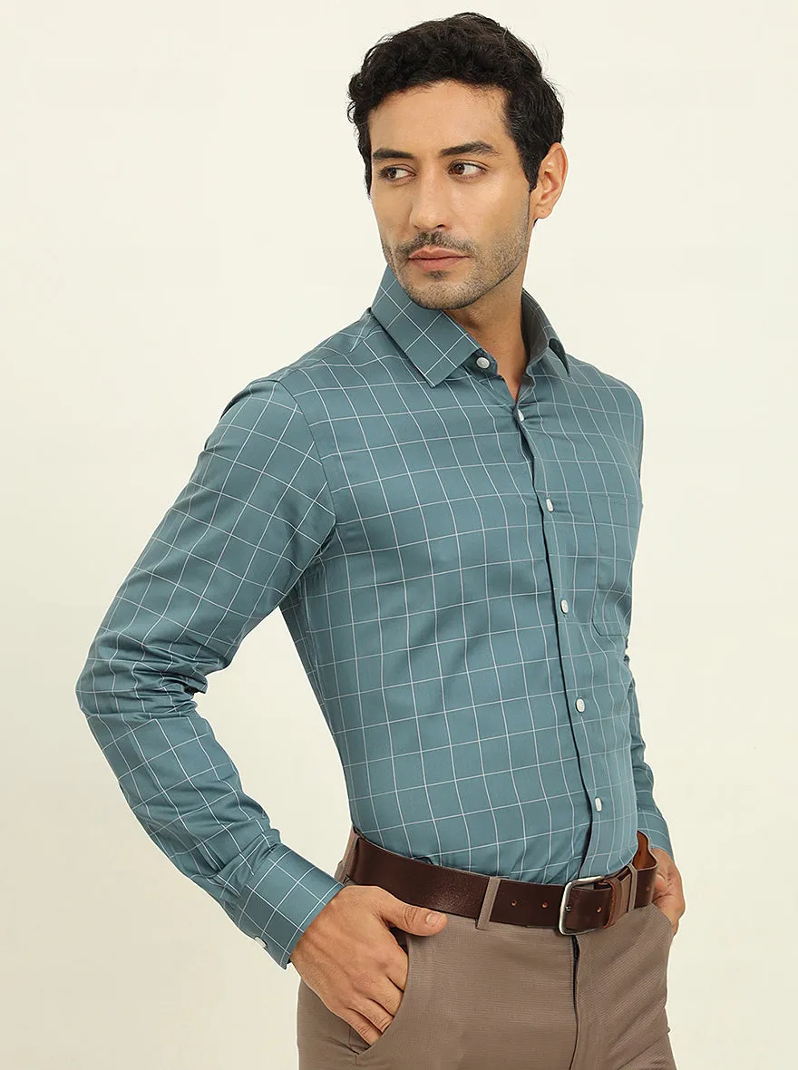 Teal Blue Checked Slim Fit Formal Shirt | JadeBlue