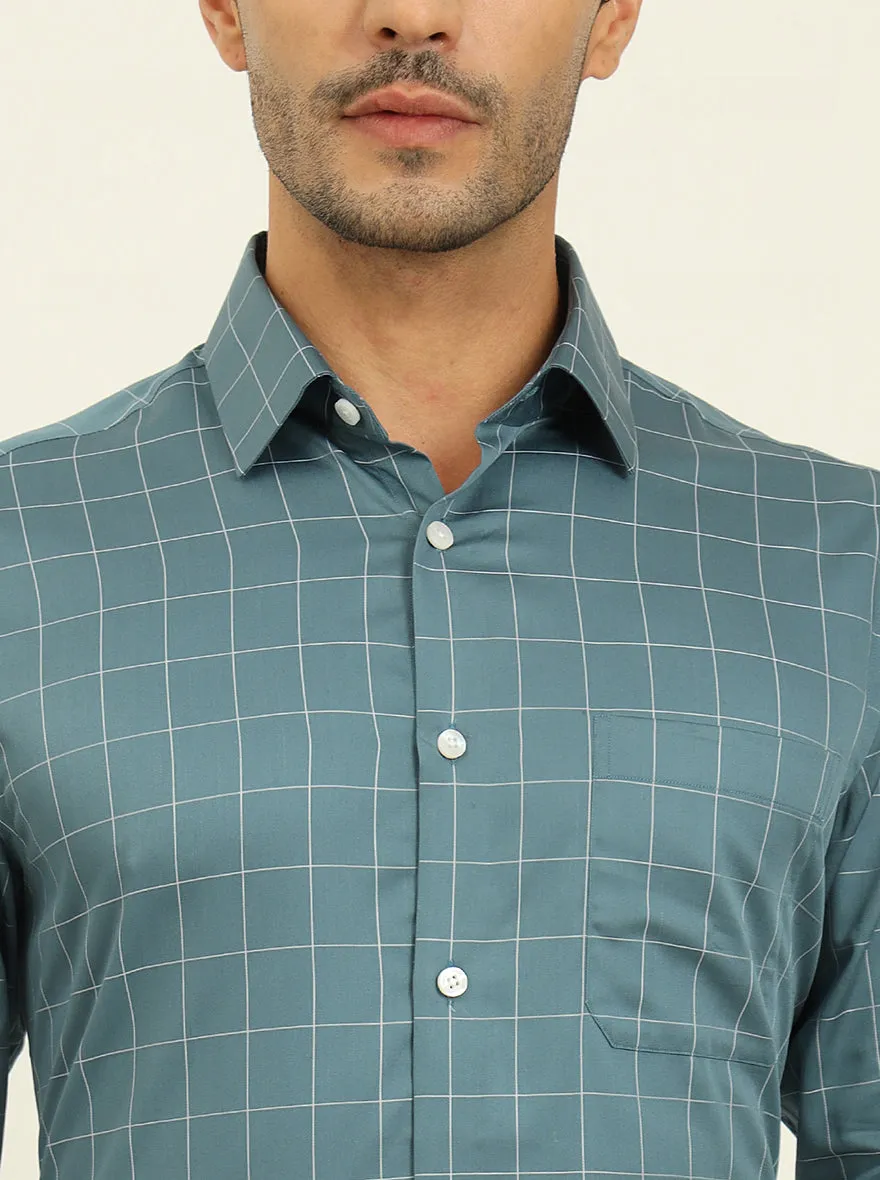 Teal Blue Checked Slim Fit Formal Shirt | JadeBlue