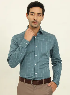 Teal Blue Checked Slim Fit Formal Shirt | JadeBlue