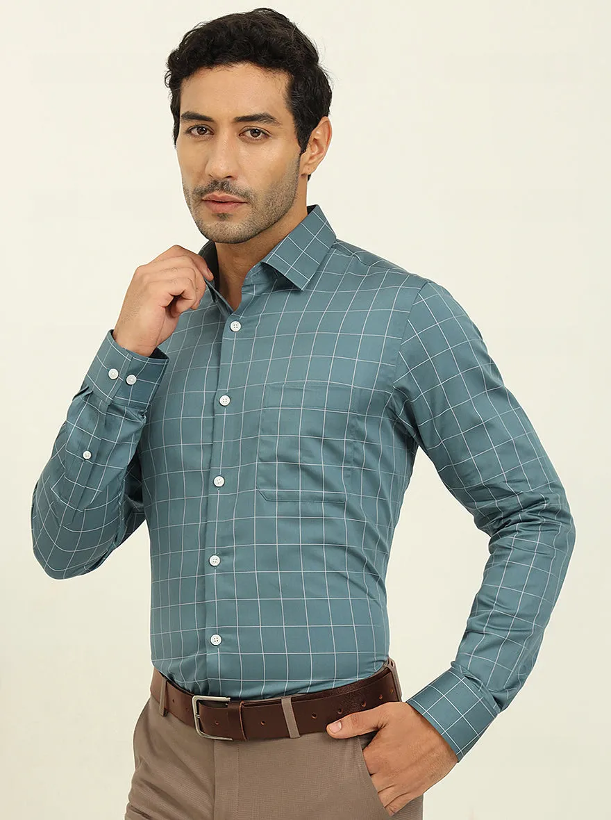 Teal Blue Checked Slim Fit Formal Shirt | JadeBlue