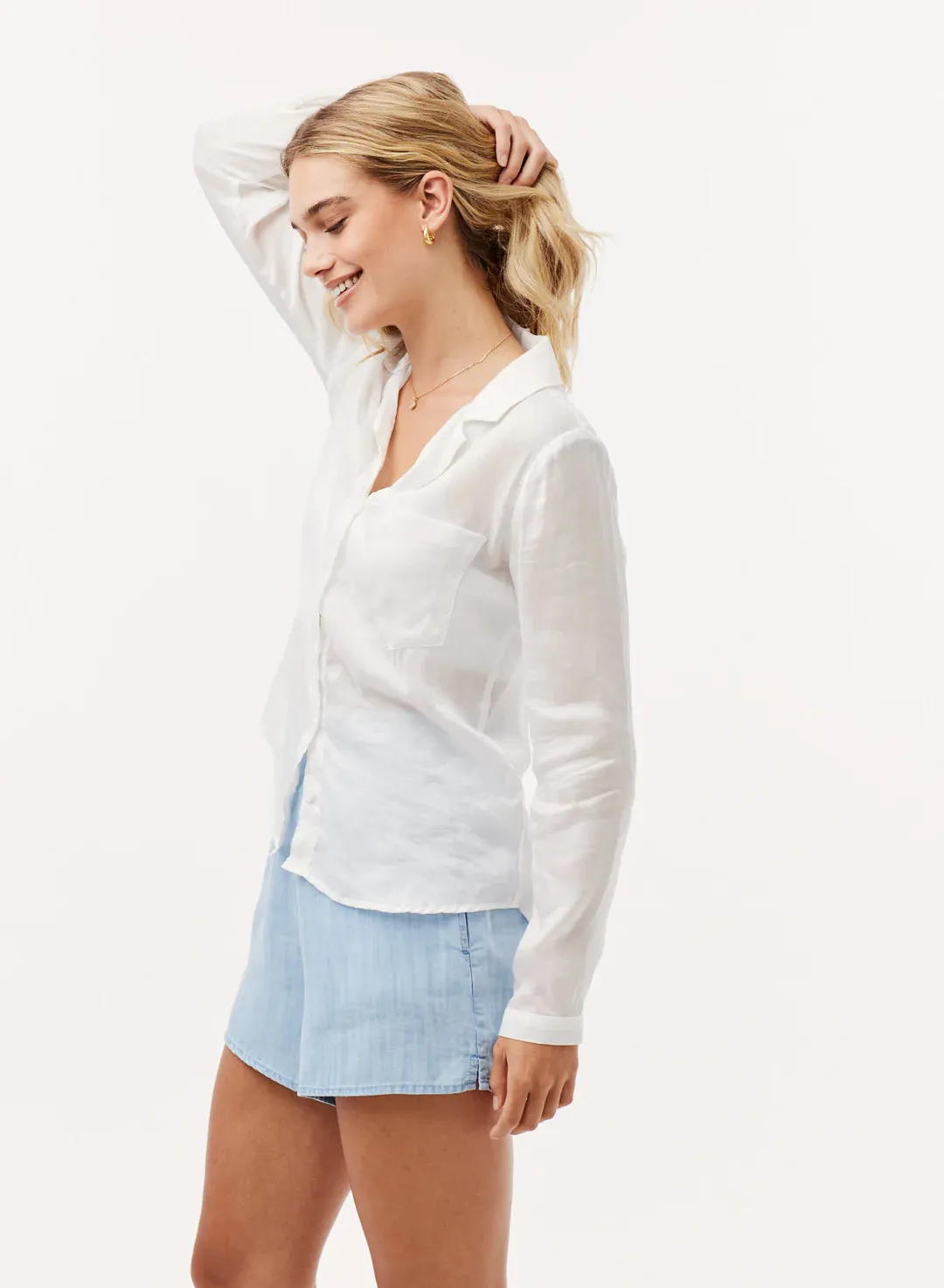 Tencel Pocket Button Down Top - White