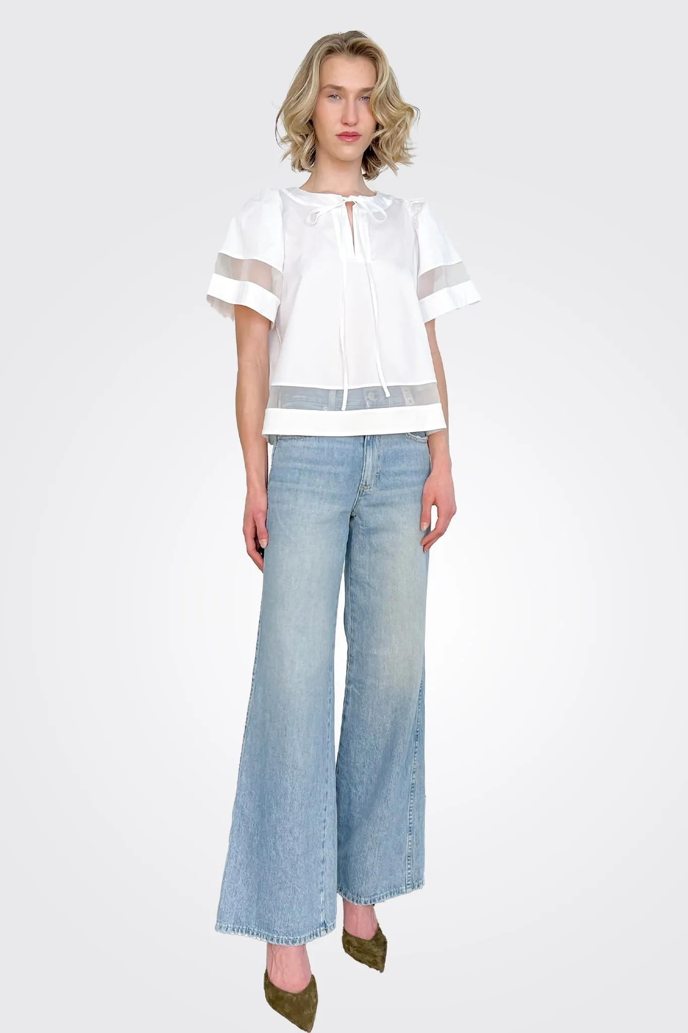 Tie Neck Short Sleeve Blouse - White