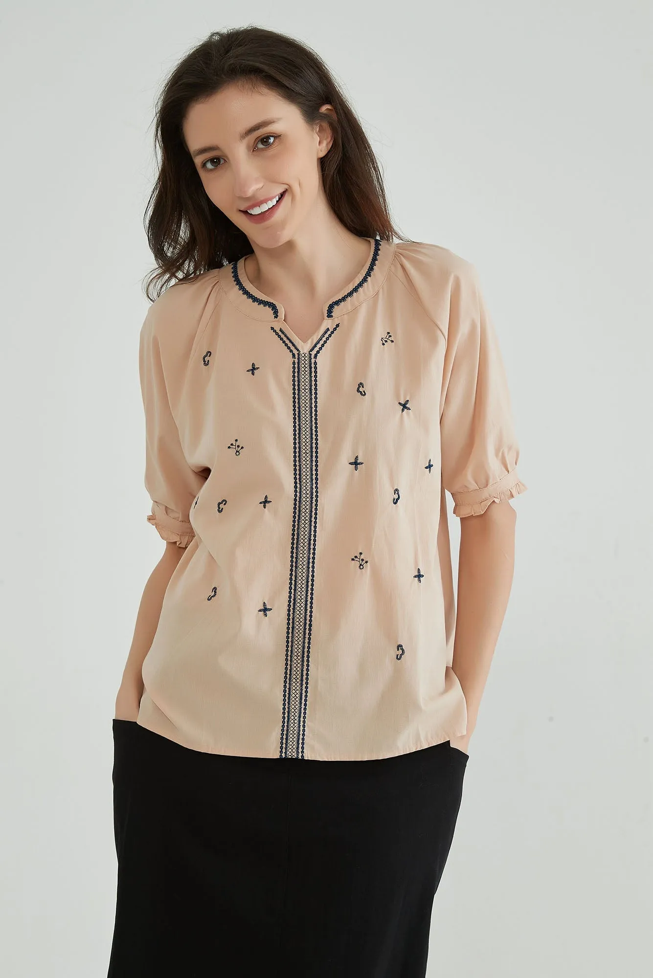 Toasted Almond Short Sleeves Embroidery Tunic