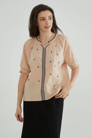Toasted Almond Short Sleeves Embroidery Tunic