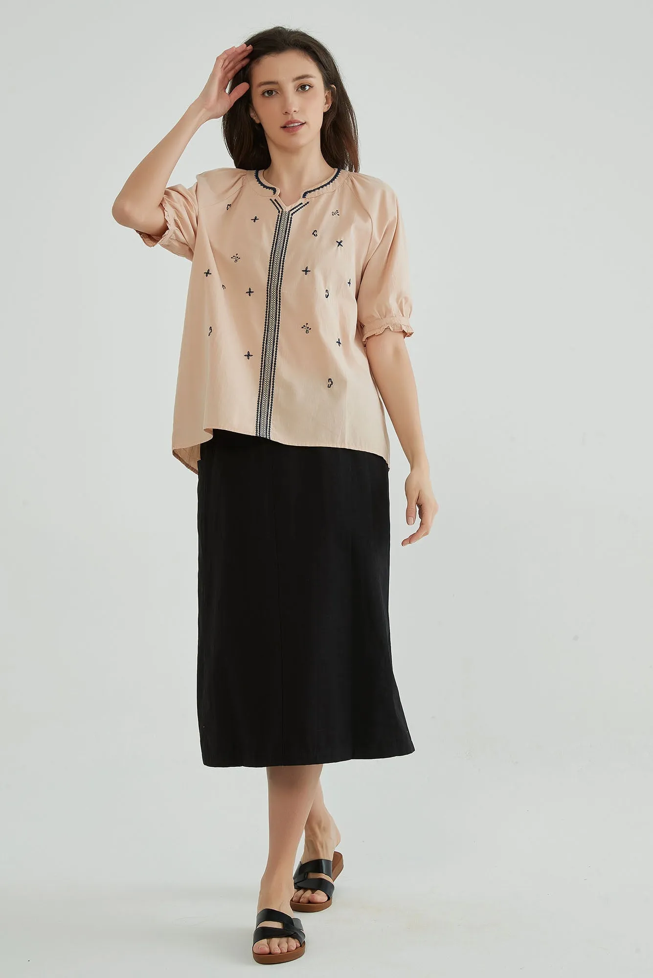 Toasted Almond Short Sleeves Embroidery Tunic