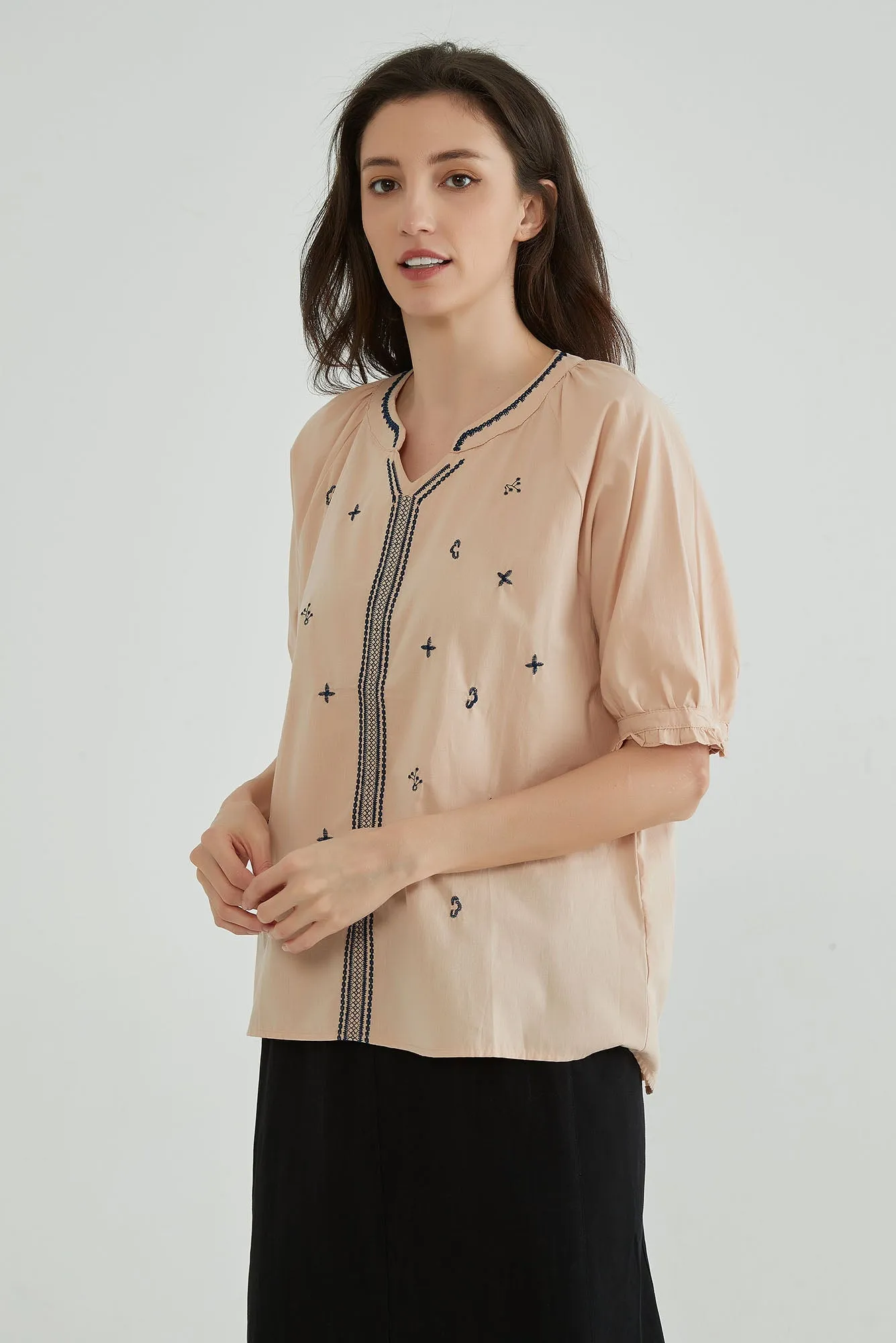 Toasted Almond Short Sleeves Embroidery Tunic