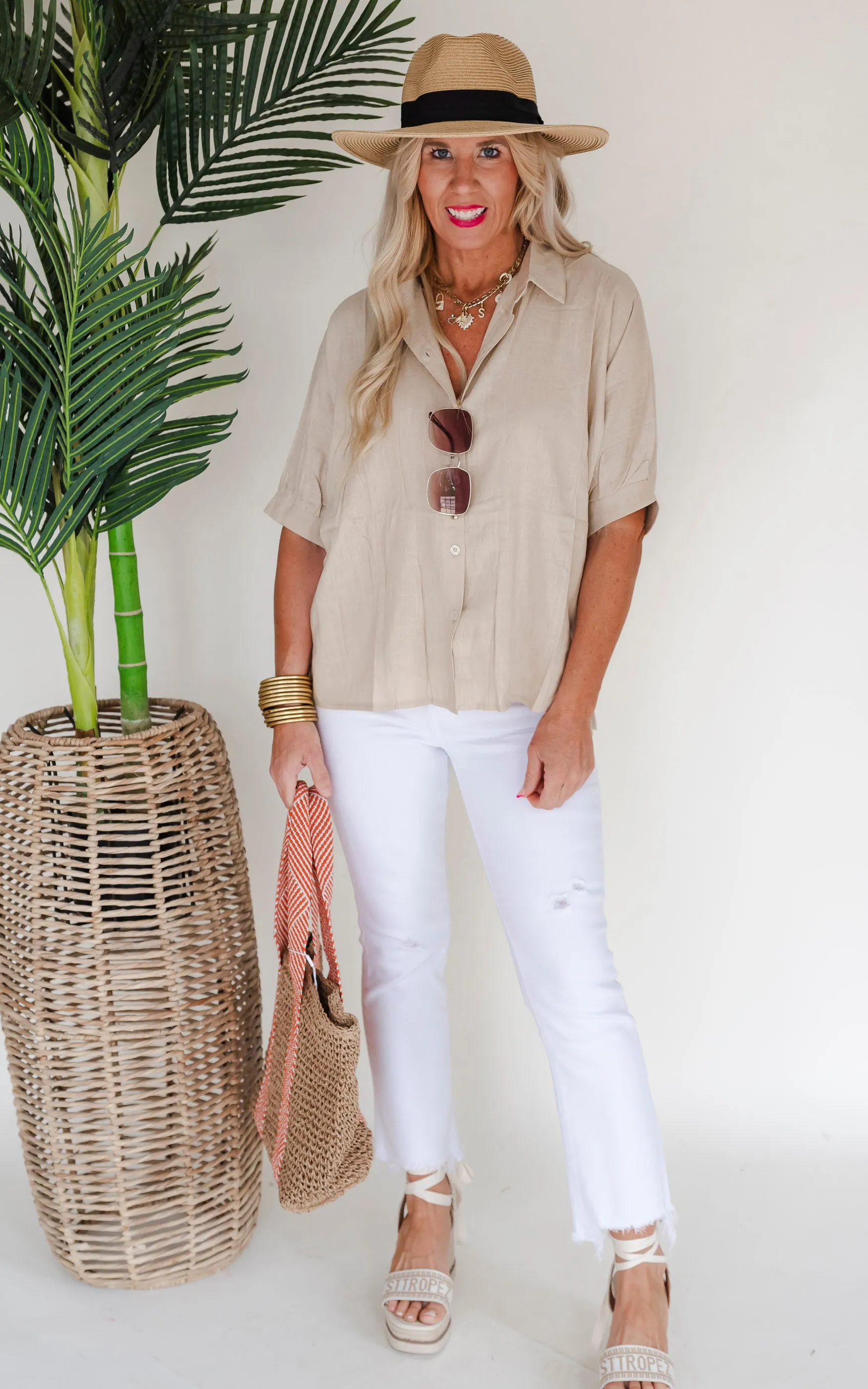 Tuscany Stroll Oversized Linen Button Down Blouse Top - Final Sale