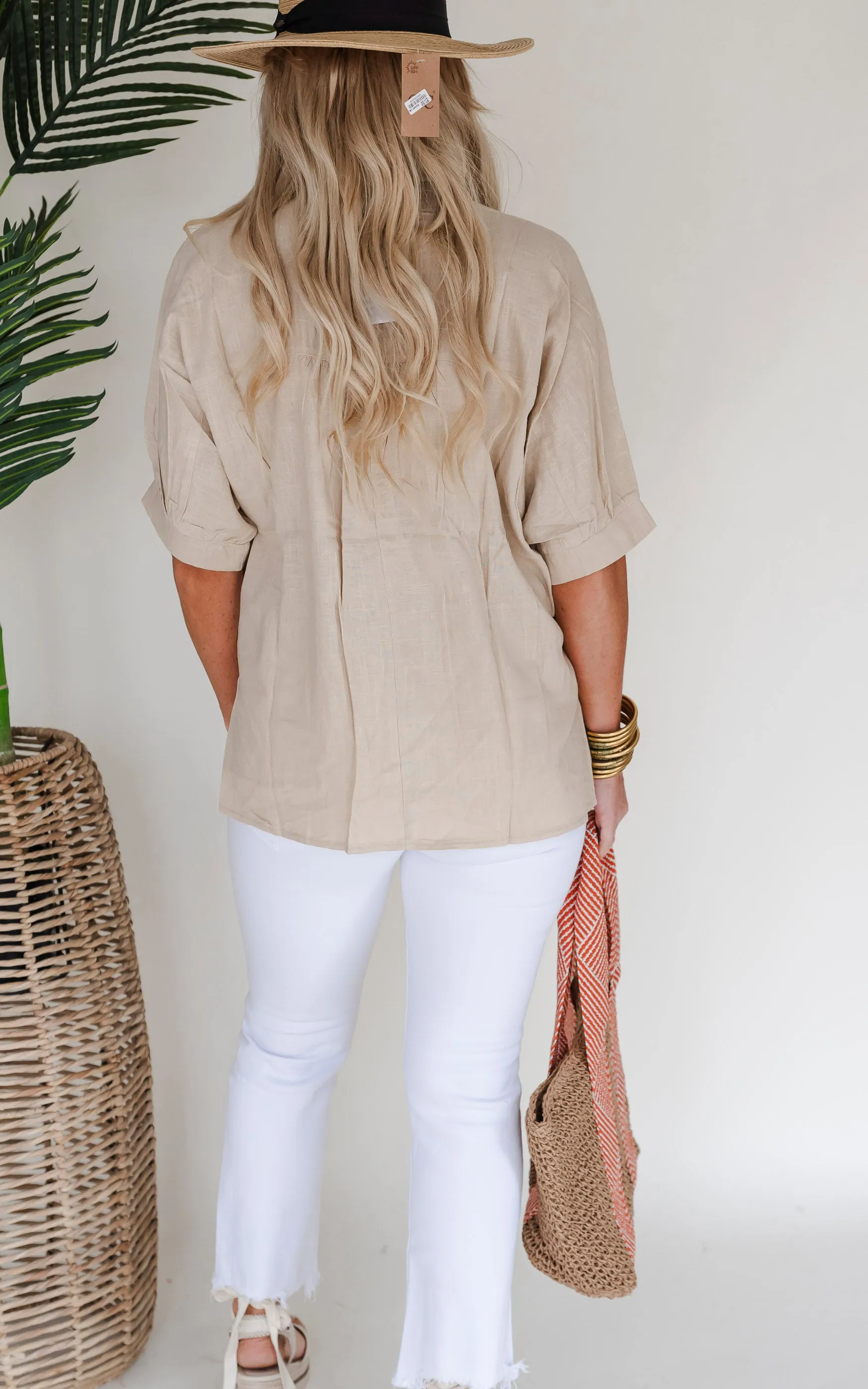 Tuscany Stroll Oversized Linen Button Down Blouse Top - Final Sale