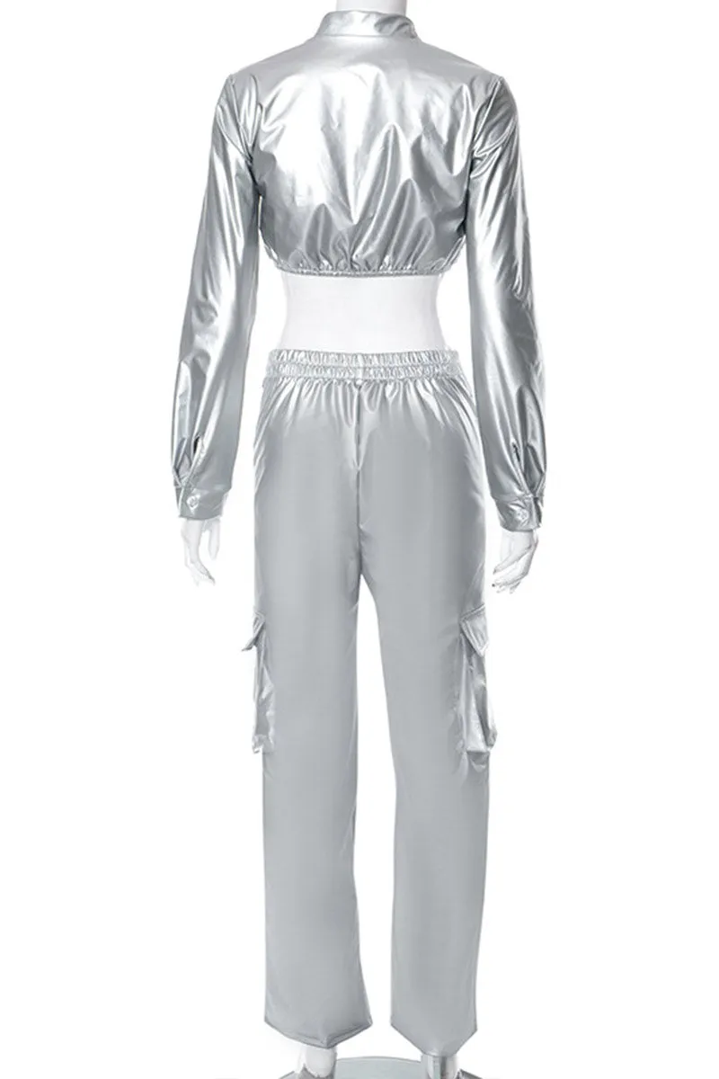 UH650 Faux Leather Midriff Top and Pants Set