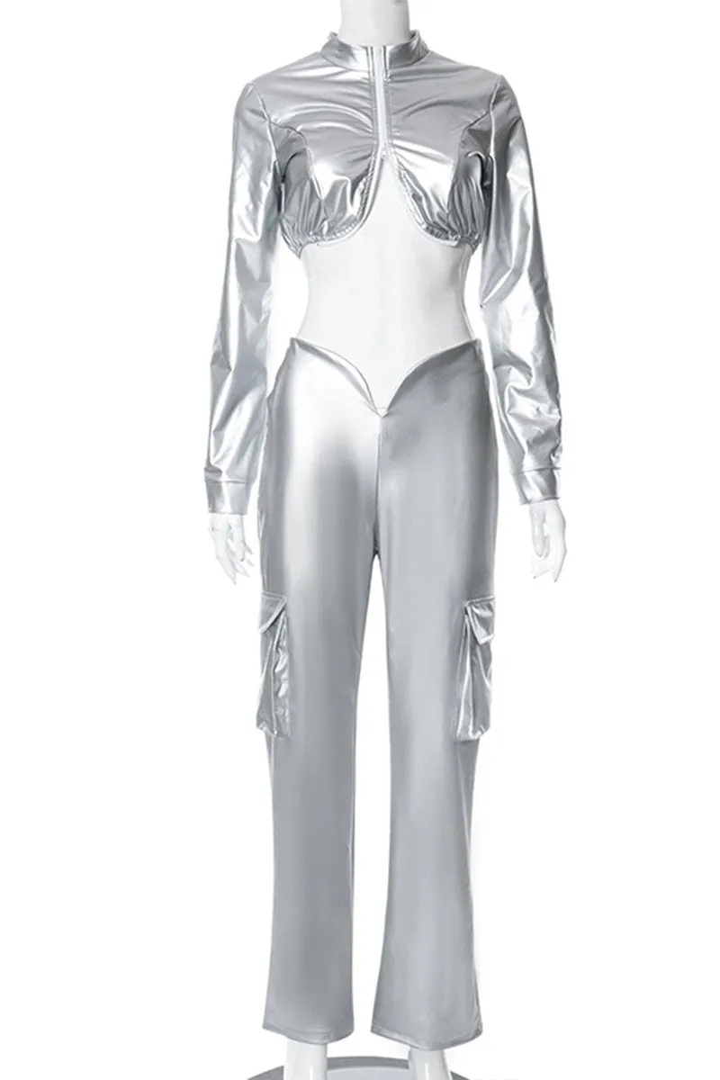 UH650 Faux Leather Midriff Top and Pants Set