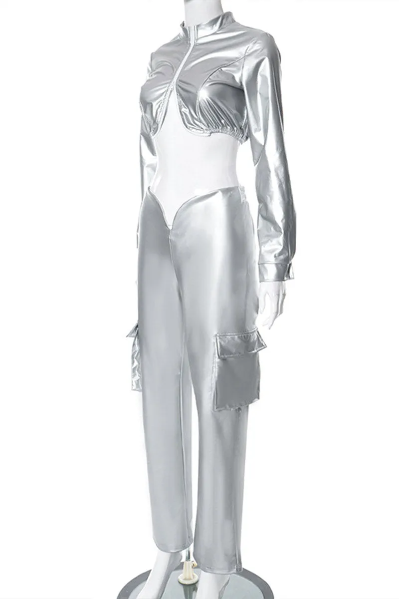 UH650 Faux Leather Midriff Top and Pants Set