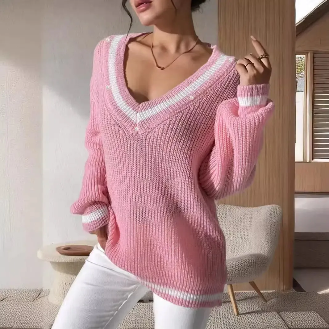 V-Neck Knitted Long Sleeve Sweater Vest for Women