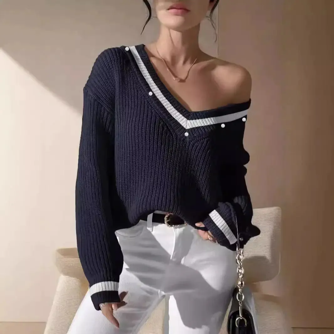 V-Neck Knitted Long Sleeve Sweater Vest for Women