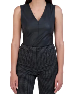 Vegan Leather Sleeveless V-Neck Bodysuit