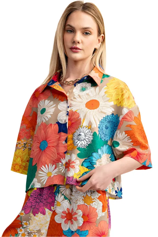 Vibrant Floral Print Cropped Button Down Shirt