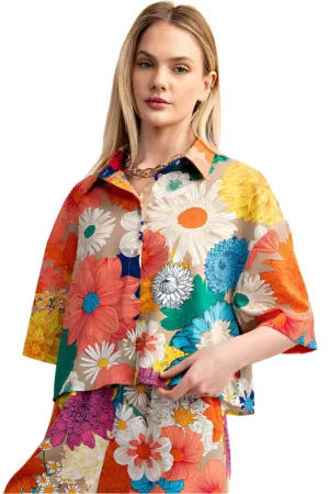 Vibrant Floral Print Cropped Button Down Shirt