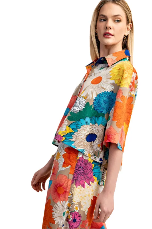Vibrant Floral Print Cropped Button Down Shirt