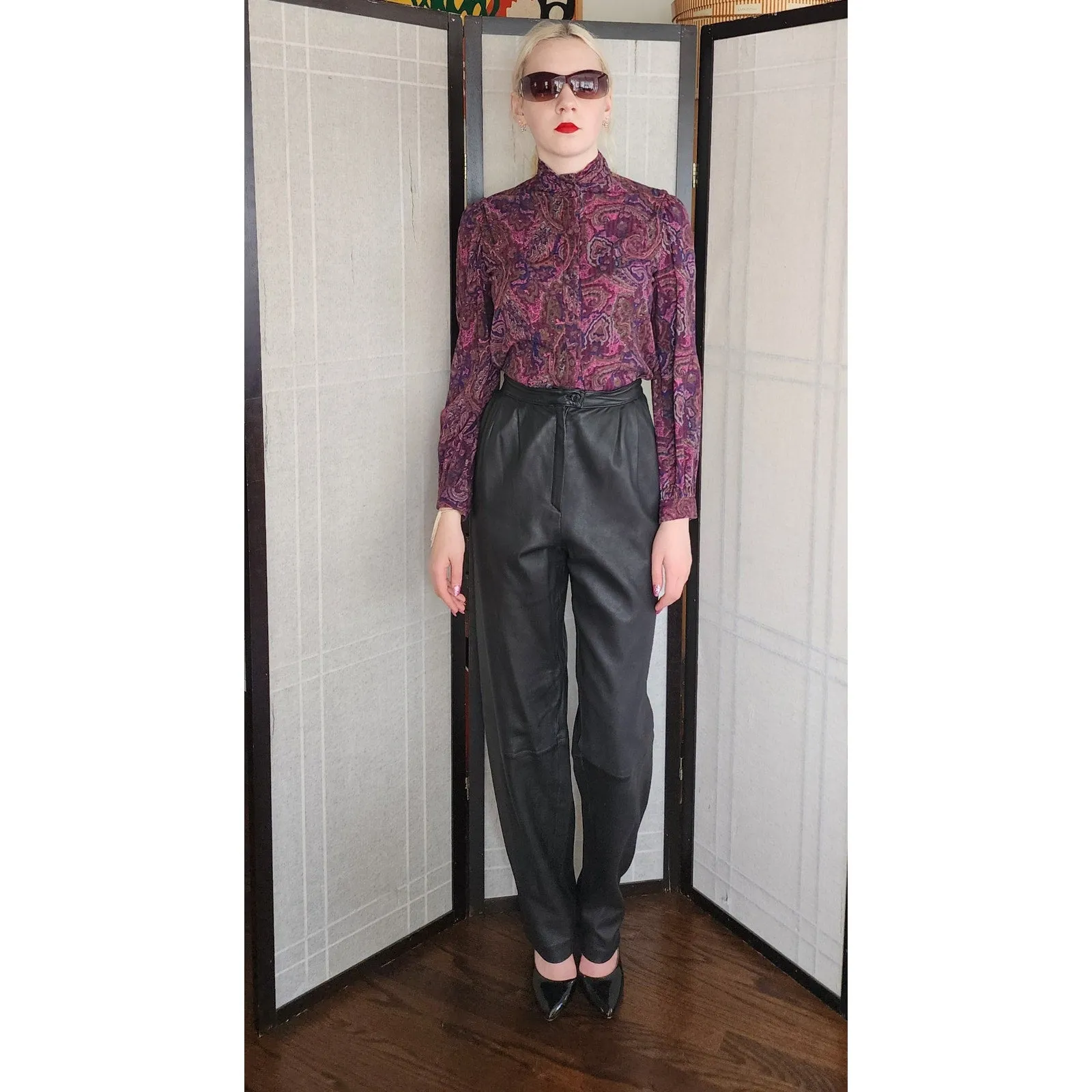 Vintage 80s Black Leather Pants Pleated High Waisted / M
