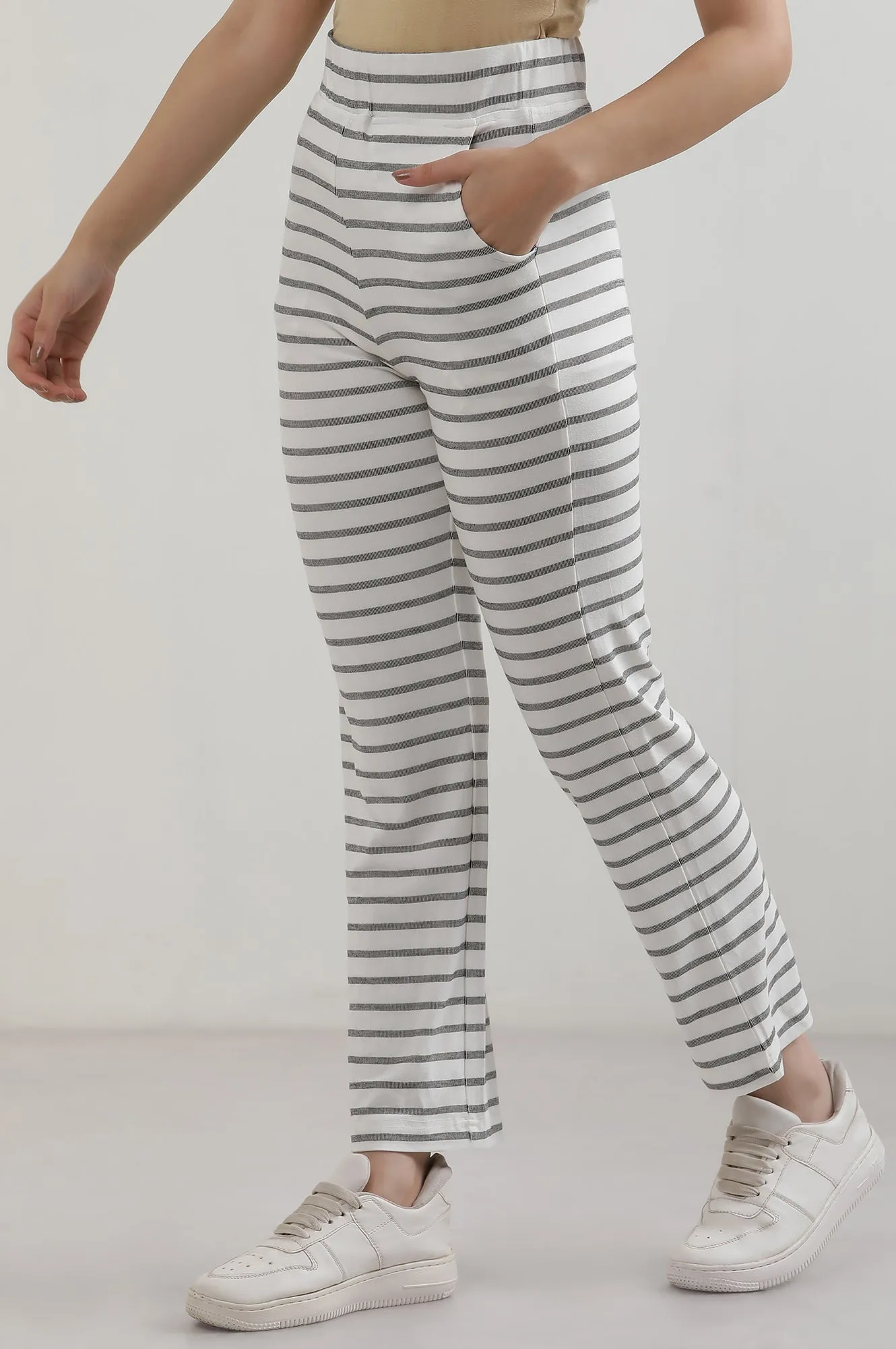 White Yarn Dyed Cotton Blend Parallel Pants