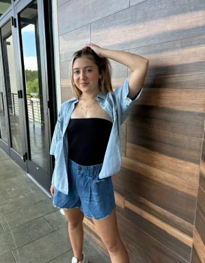 Women Denim Washed Button Down Blouses-Final Sale