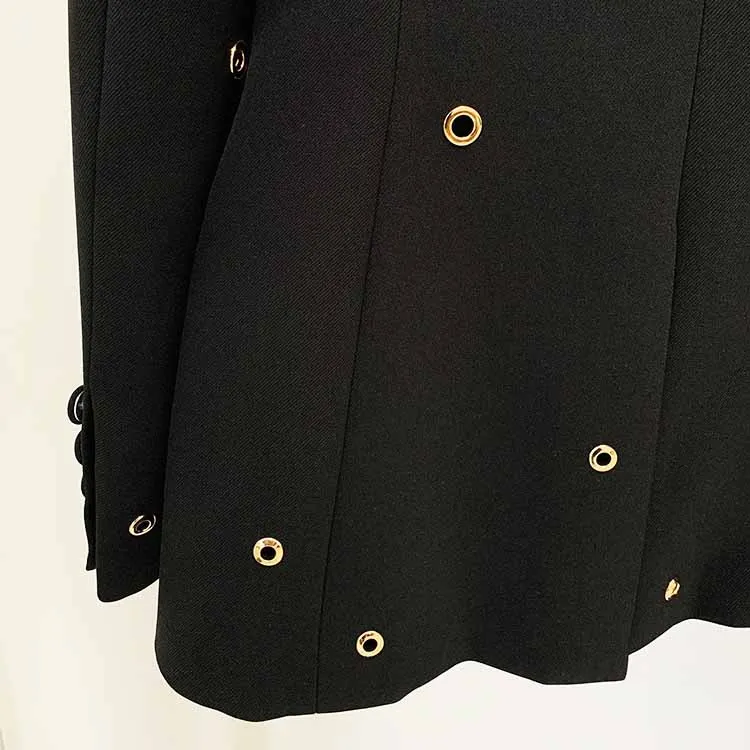 Women Metal Rings Black Blazer   Mid-High Rise Flare Trousers Pants Suit White / Black