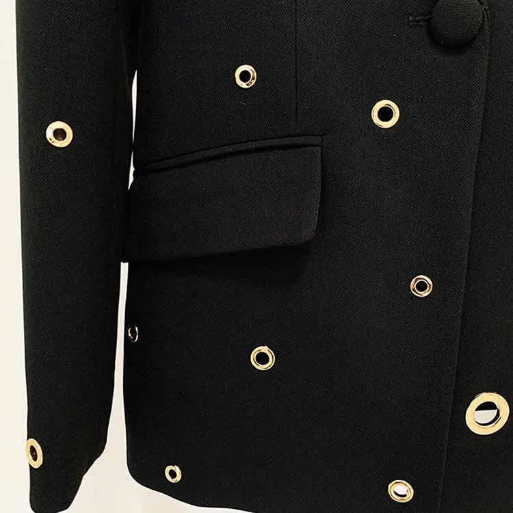 Women Metal Rings Black Blazer   Mid-High Rise Flare Trousers Pants Suit White / Black