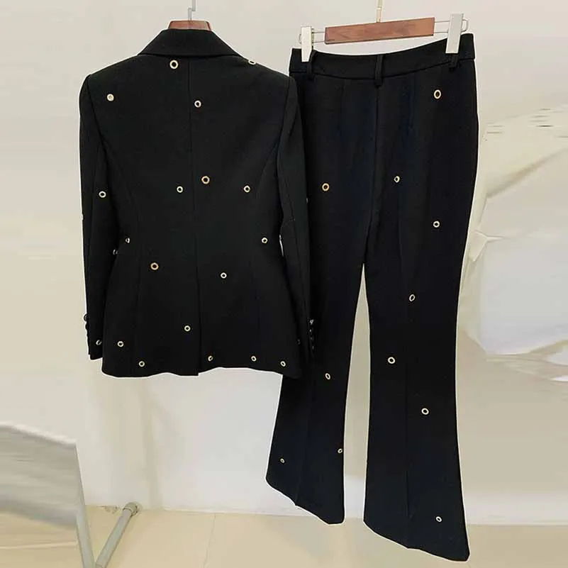Women Metal Rings Black Blazer   Mid-High Rise Flare Trousers Pants Suit White / Black