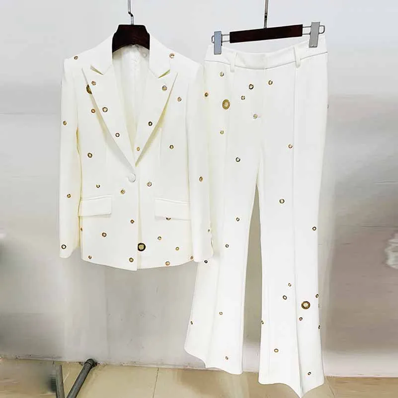 Women Metal Rings Black Blazer   Mid-High Rise Flare Trousers Pants Suit White / Black