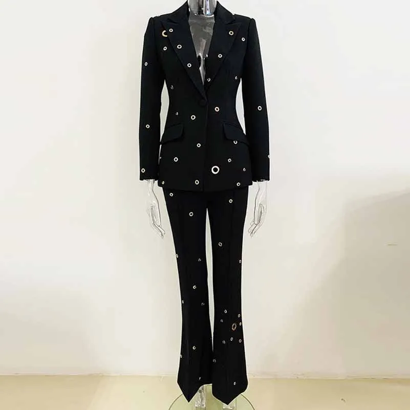 Women Metal Rings Black Blazer   Mid-High Rise Flare Trousers Pants Suit White / Black