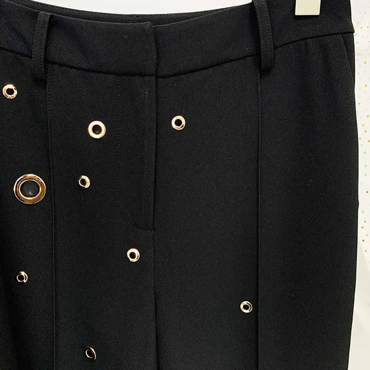 Women Metal Rings Black Blazer   Mid-High Rise Flare Trousers Pants Suit White / Black