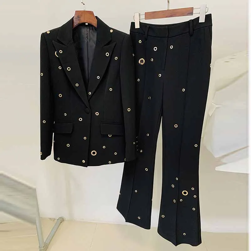 Women Metal Rings Black Blazer   Mid-High Rise Flare Trousers Pants Suit White / Black