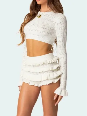 Women s Loungewear Set Long Sleeve Embroidered Knit Crop Top Ruffle Shorts Set 2 Piece Pajama Set Matching Outfits