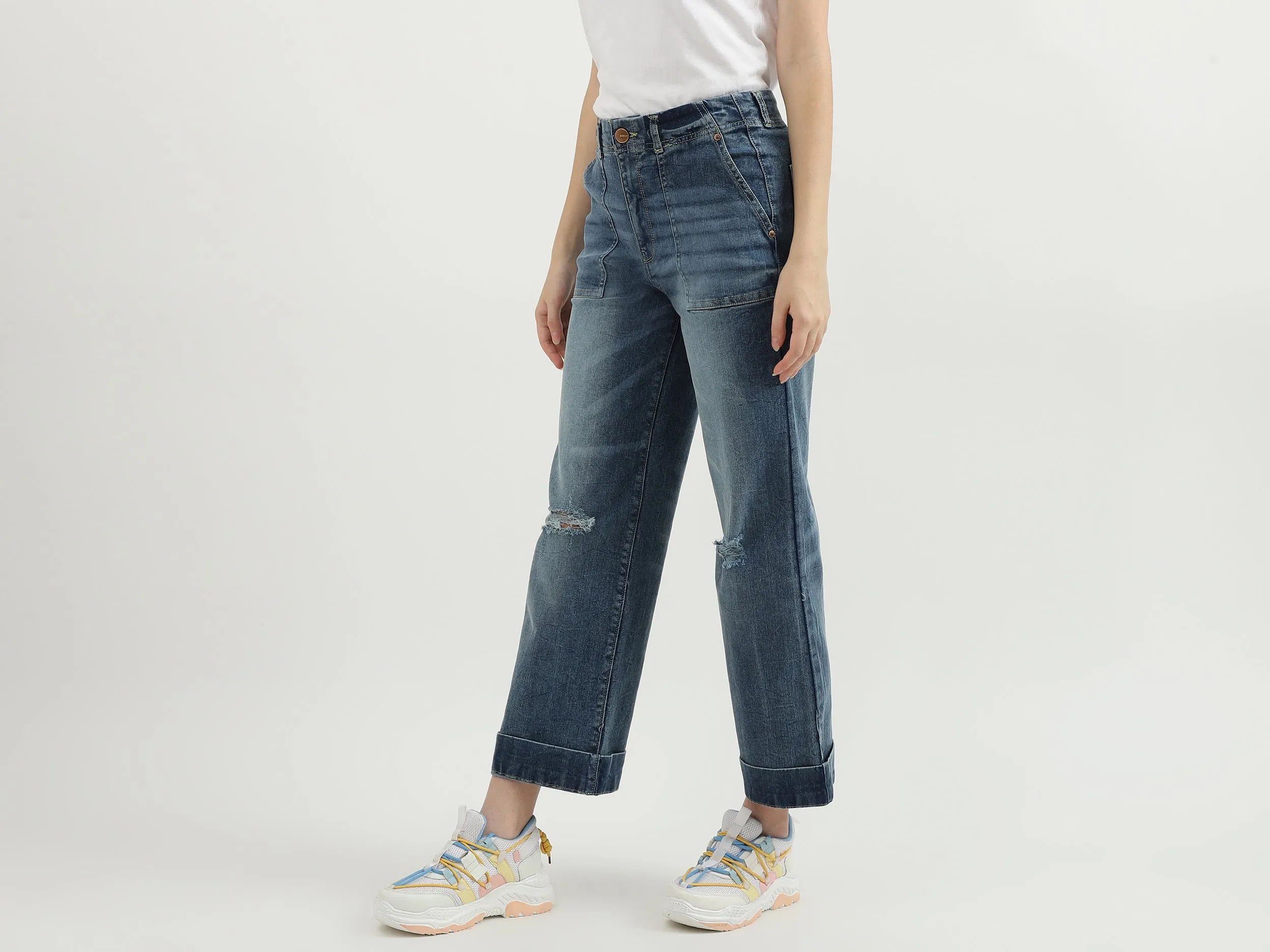 Women Solid Wide Leg Jeans