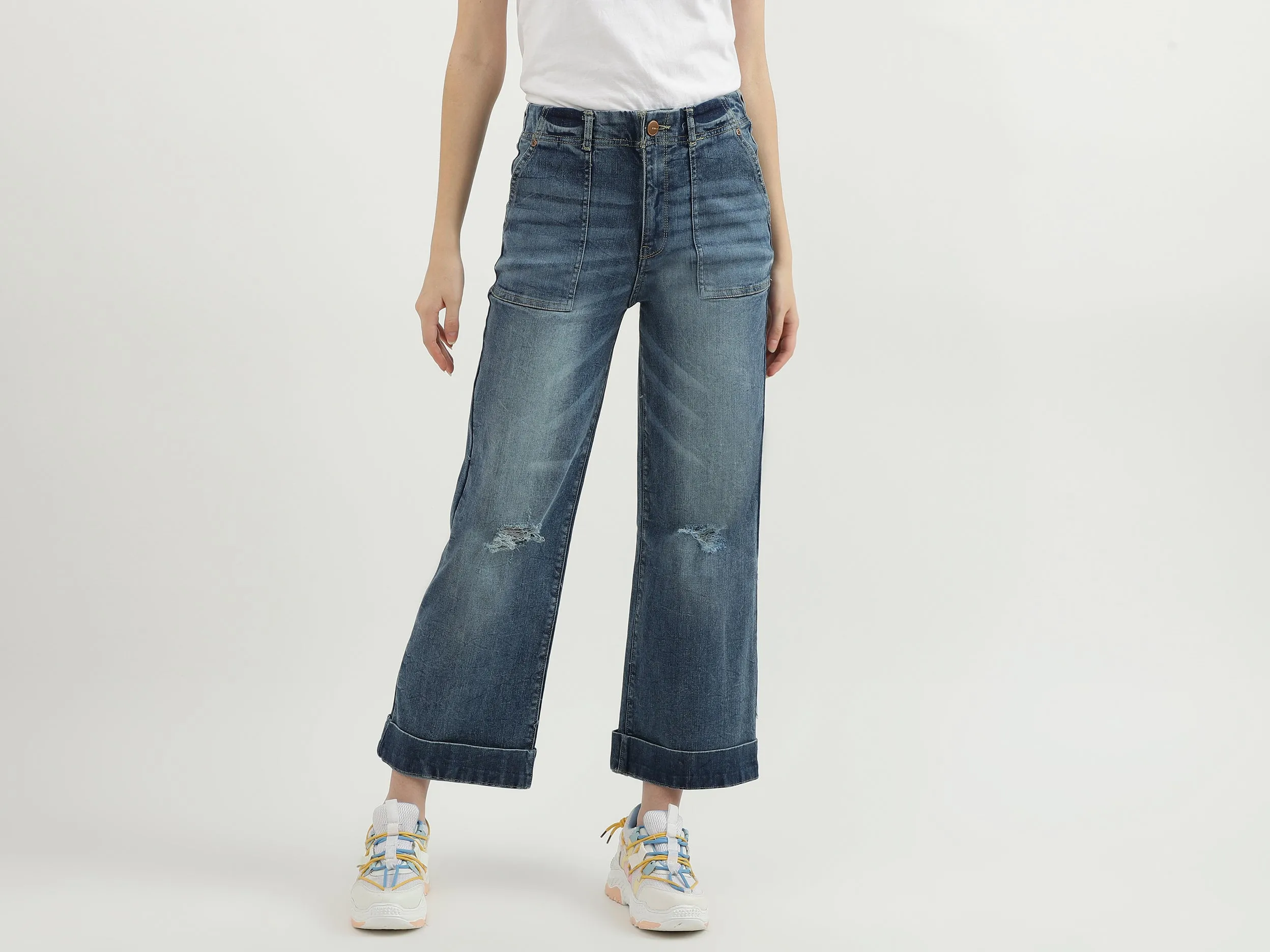 Women Solid Wide Leg Jeans