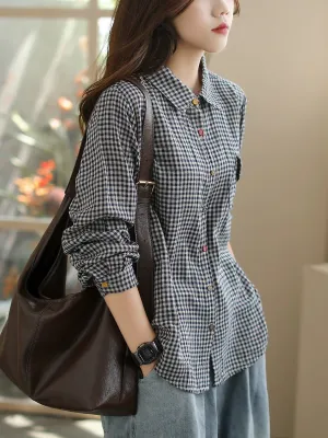Women Summer Retro Plaid Turn-down Collar Shirt