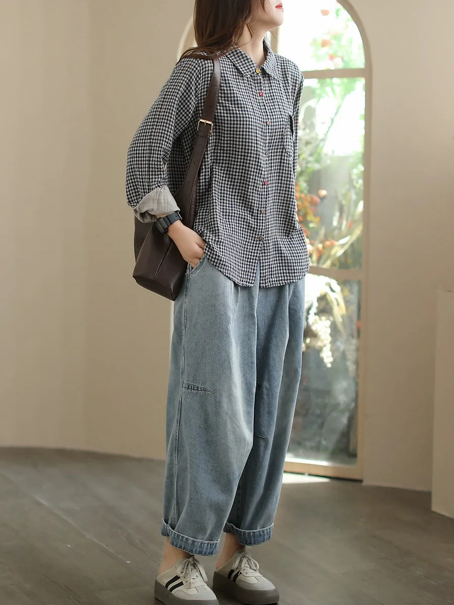 Women Summer Retro Plaid Turn-down Collar Shirt