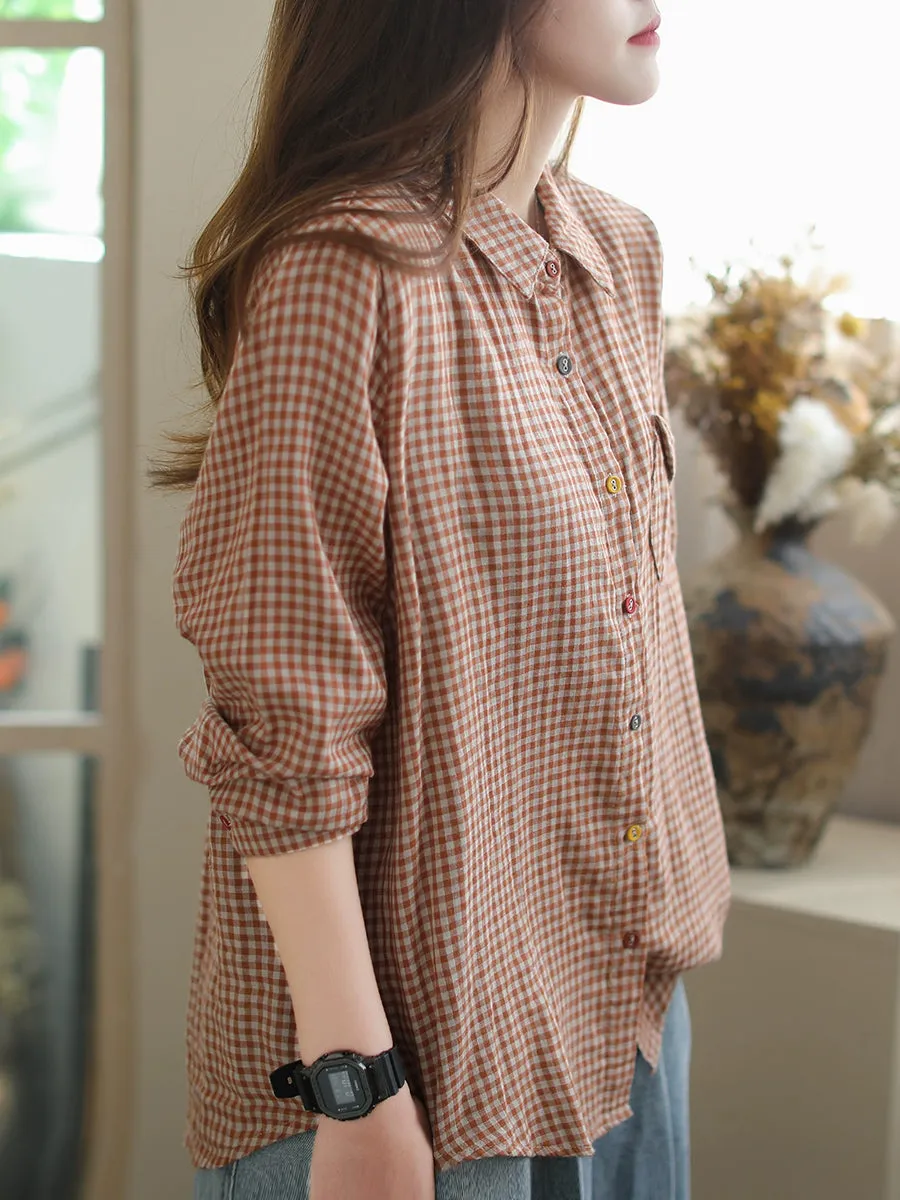 Women Summer Retro Plaid Turn-down Collar Shirt