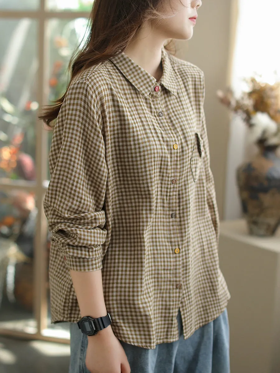 Women Summer Retro Plaid Turn-down Collar Shirt