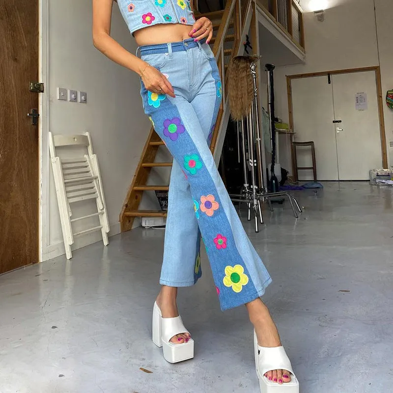 Women's Fashion Pattern Colorblock Bootcut Jeans