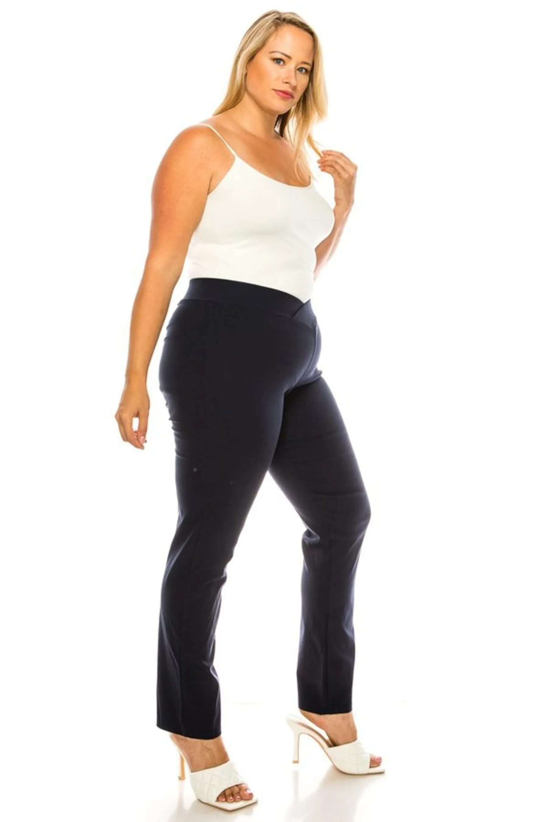 Women's Plus Size Full Length Pull On Slim Fitted Banded Waist Casual Office Solid Pants
