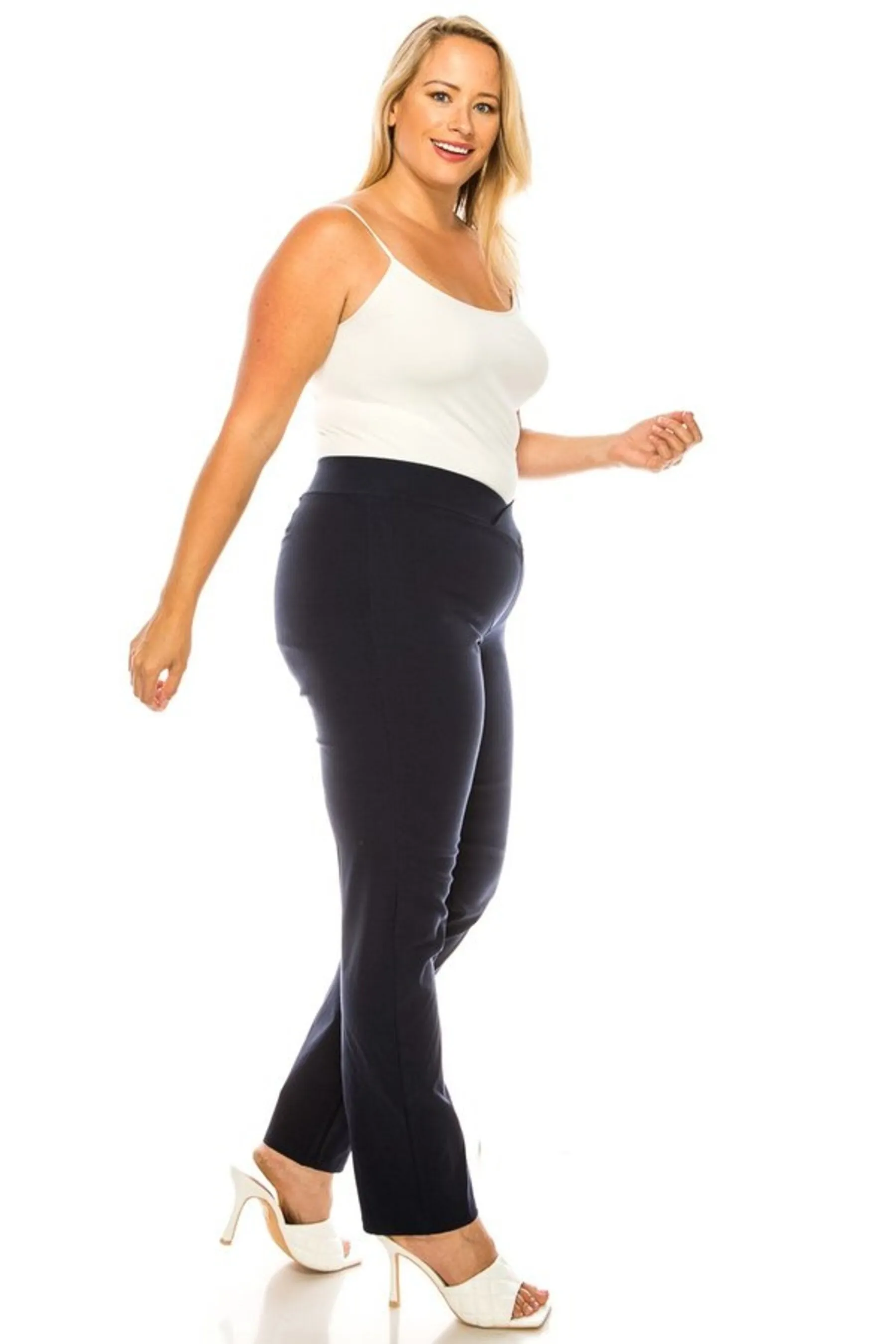Women's Plus Size Full Length Pull On Slim Fitted Banded Waist Casual Office Solid Pants