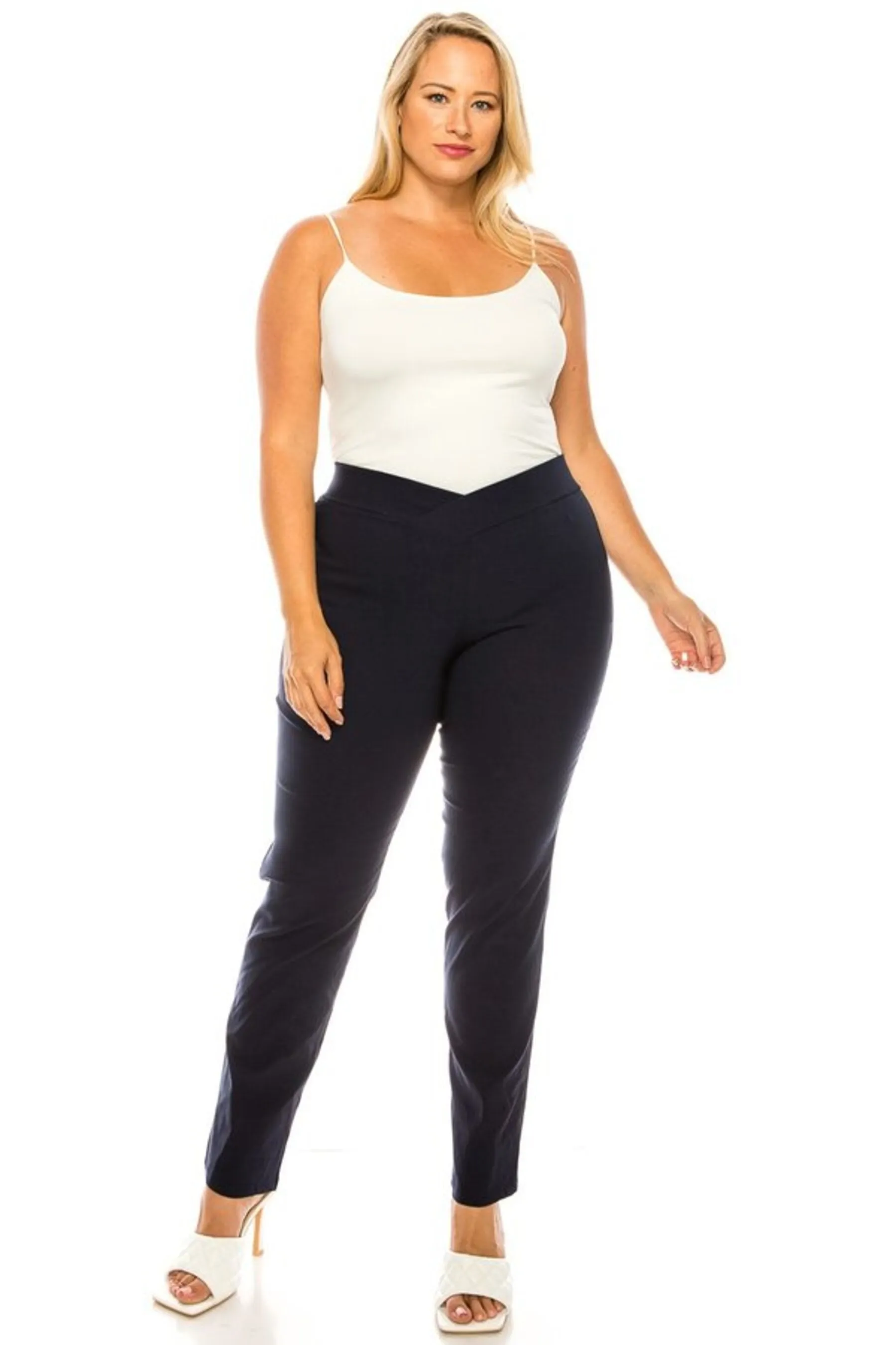 Women's Plus Size Full Length Pull On Slim Fitted Banded Waist Casual Office Solid Pants