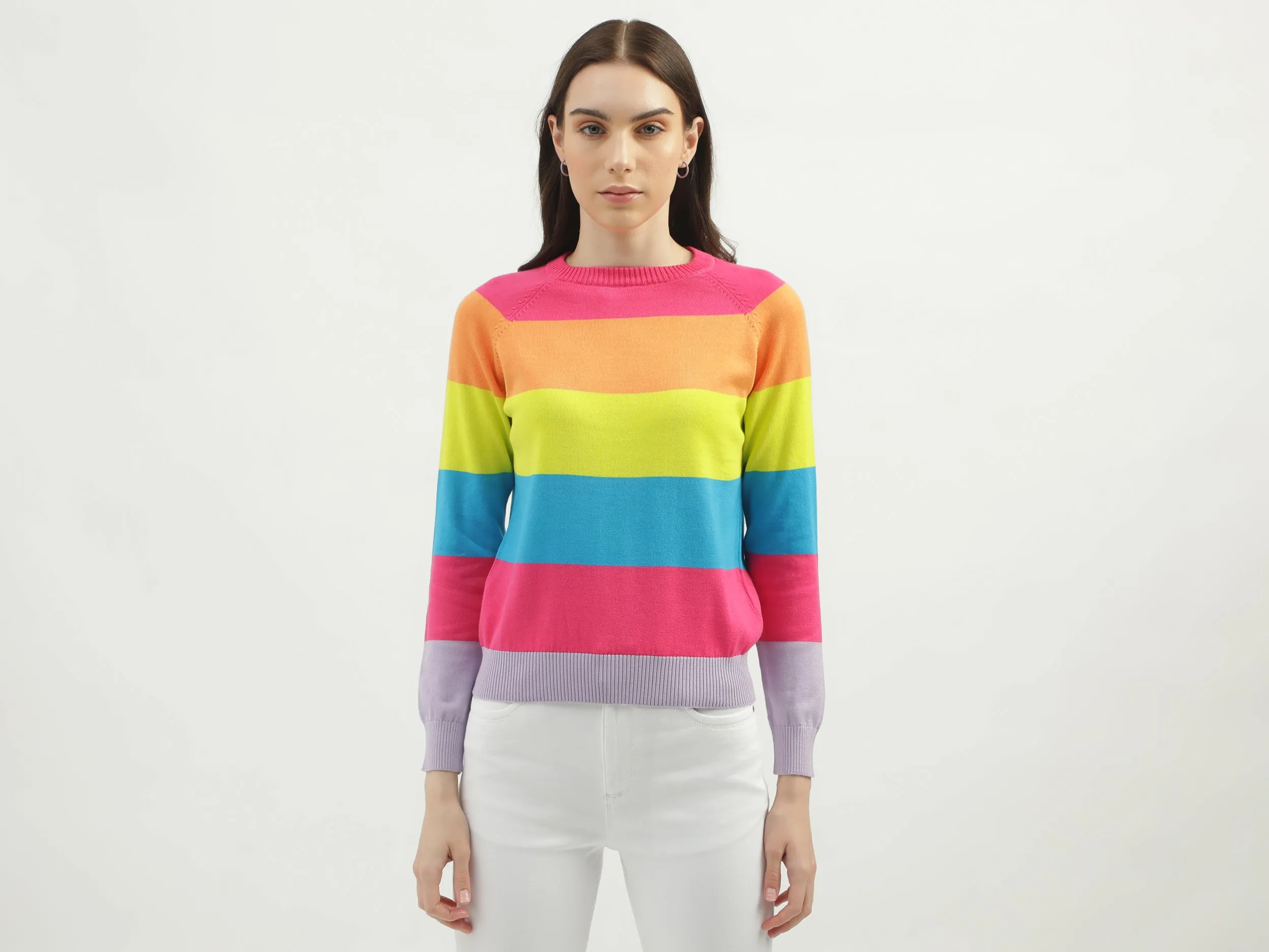 Women's Regular Fit Crew Neck Striped Sweaters