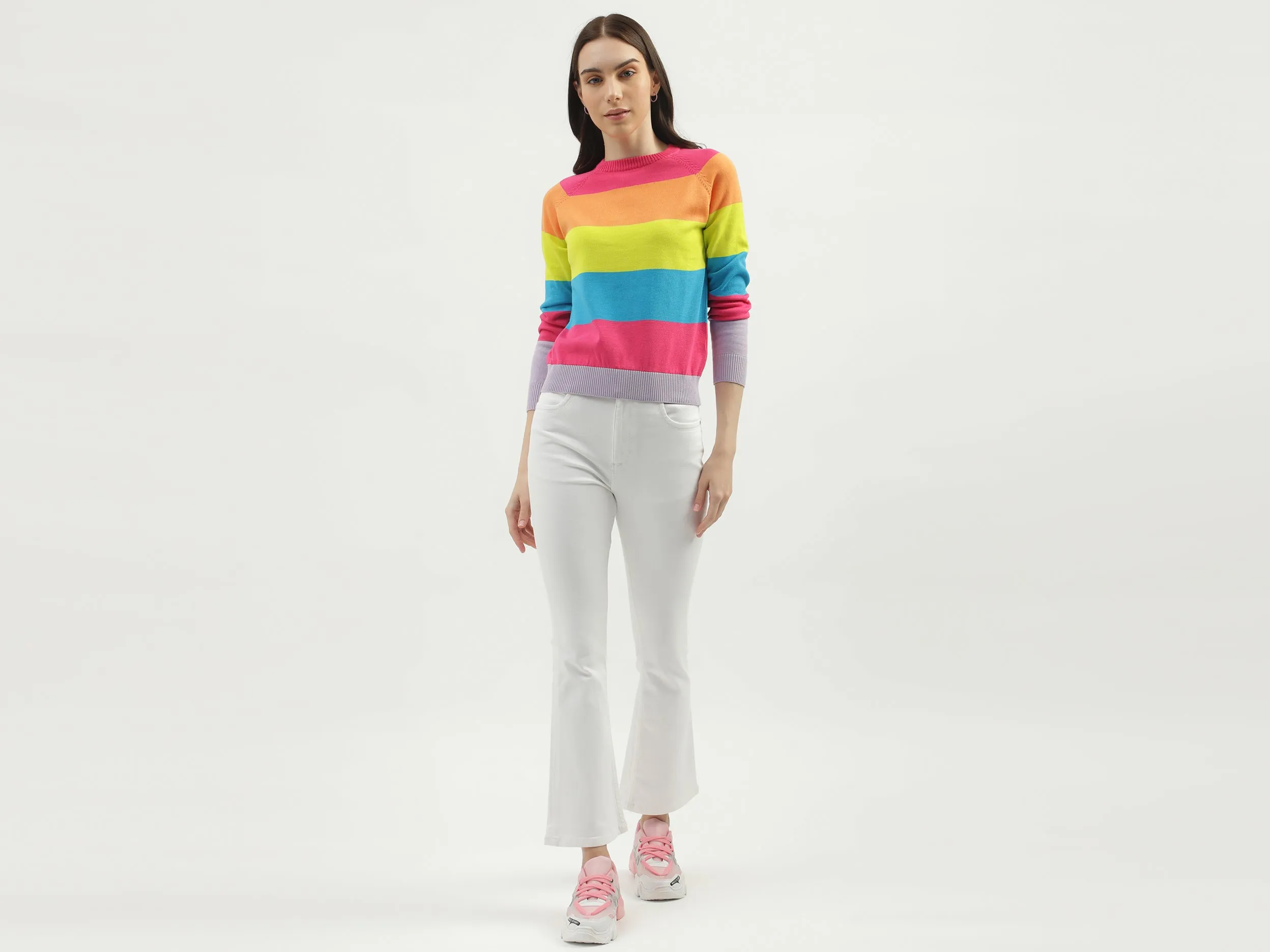 Women's Regular Fit Crew Neck Striped Sweaters