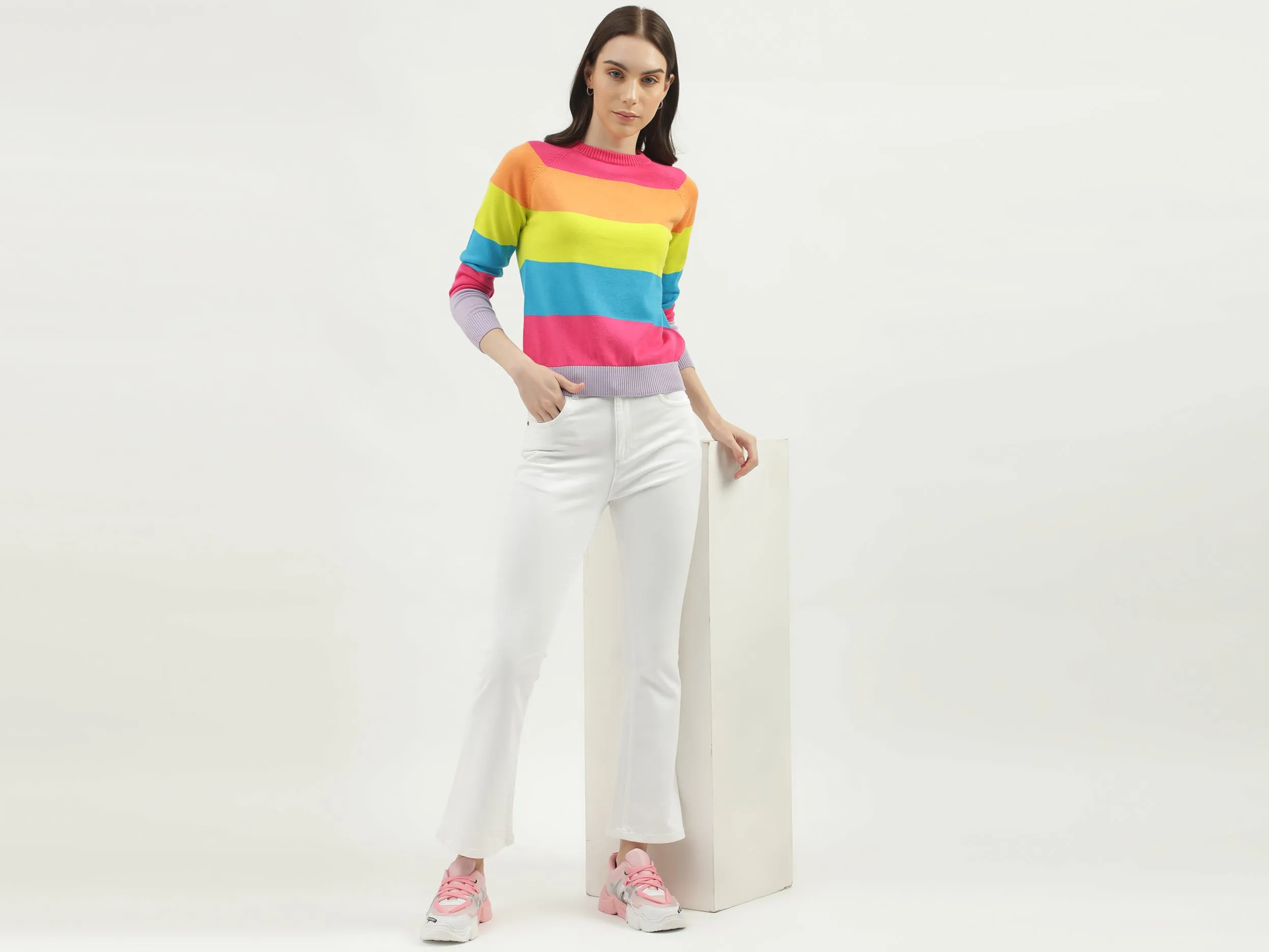 Women's Regular Fit Crew Neck Striped Sweaters